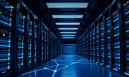 Modern data center interior with server racks and AI workload visualization