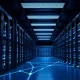 Modern data center interior with server racks and AI workload visualization