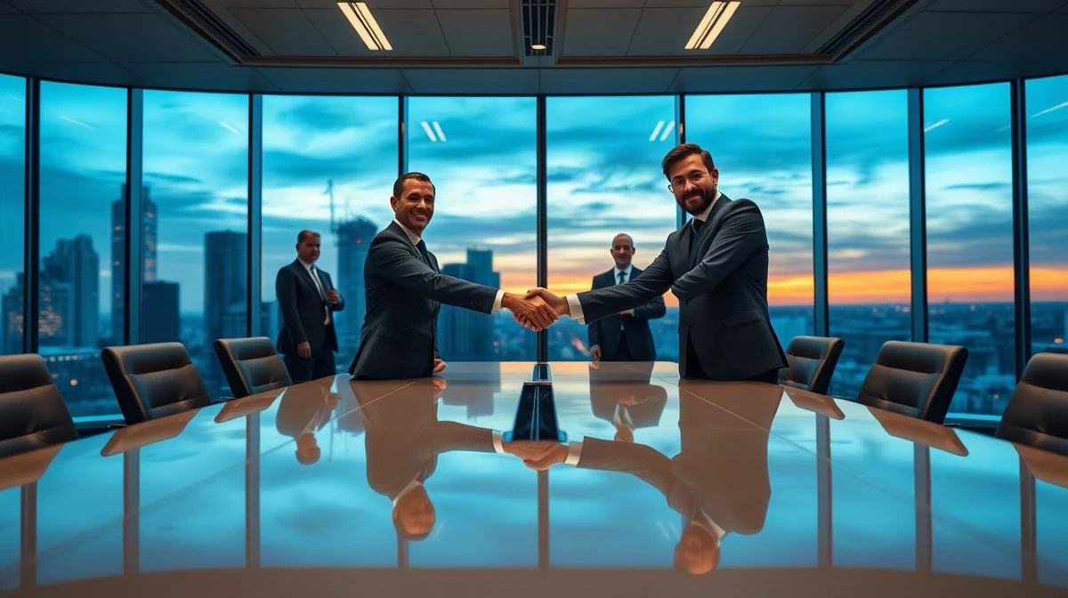 Nvidia and Hugging Face executives shaking hands in a modern boardroom