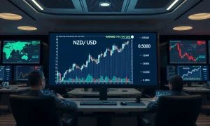 NZD/USD price chart showing upward momentum toward 0.6000 on a trading screen