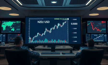 NZD/USD price chart showing upward momentum toward 0.6000 on a trading screen