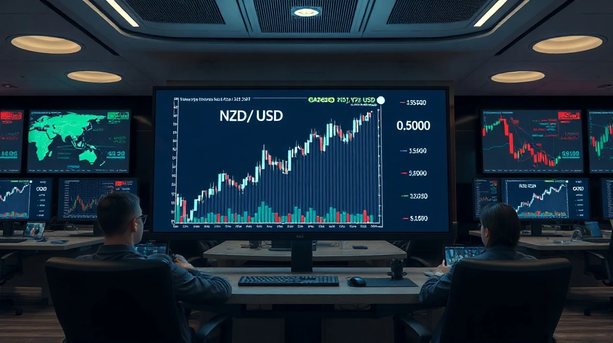 NZD/USD price chart showing upward momentum toward 0.6000 on a trading screen