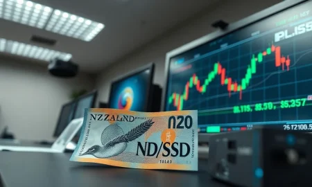 New Zealand Dollar banknote and NZD/USD chart on a trading desk