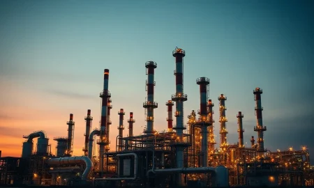 Crude oil refinery distillation towers at dusk, illustrating middle distillate supply tightness.