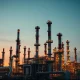 Crude oil refinery distillation towers at dusk, illustrating middle distillate supply tightness.