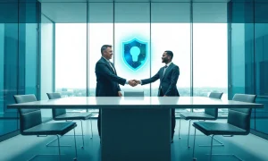Two executives shaking hands in a conference room with a glowing digital security shield icon above them.