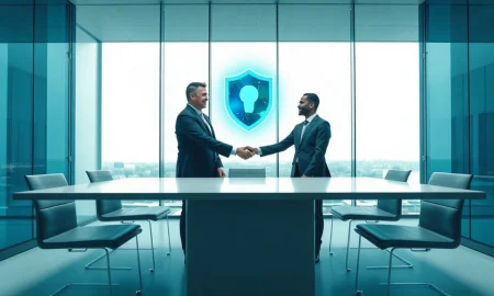 Two executives shaking hands in a conference room with a glowing digital security shield icon above them.
