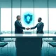 Two executives shaking hands in a conference room with a glowing digital security shield icon above them.
