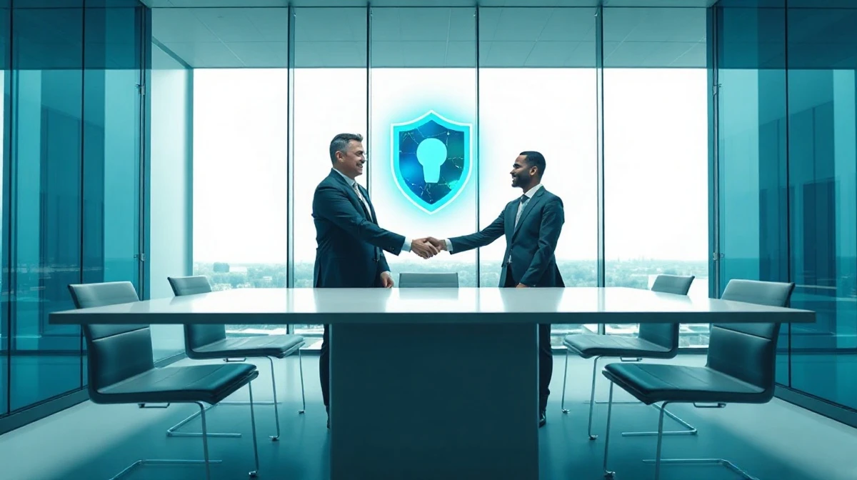 Two executives shaking hands in a conference room with a glowing digital security shield icon above them.