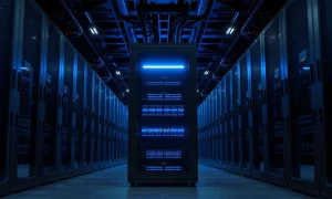 Server racks in a data center with one glowing blue server rack in the foreground