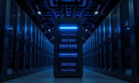 Server racks in a data center with one glowing blue server rack in the foreground