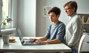 Teenager using ChatGPT on a laptop with a parent nearby in a home study setting