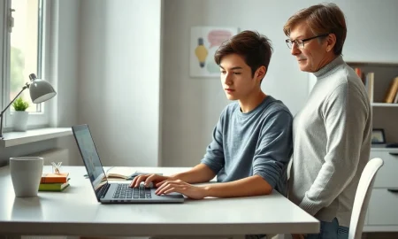 Teenager using ChatGPT on a laptop with a parent nearby in a home study setting