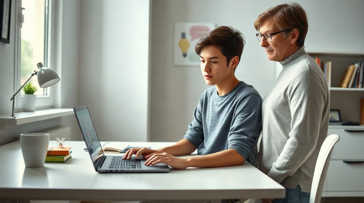 Teenager using ChatGPT on a laptop with a parent nearby in a home study setting