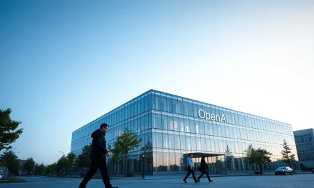 Exterior of a modern glass office building in San Francisco, representing OpenAI's headquarters.