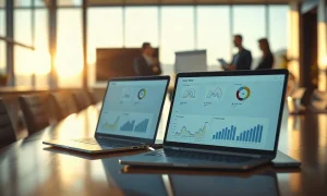 Two laptops displaying AI data analytics charts on a conference room table in a Silicon Valley office