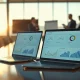 Two laptops displaying AI data analytics charts on a conference room table in a Silicon Valley office