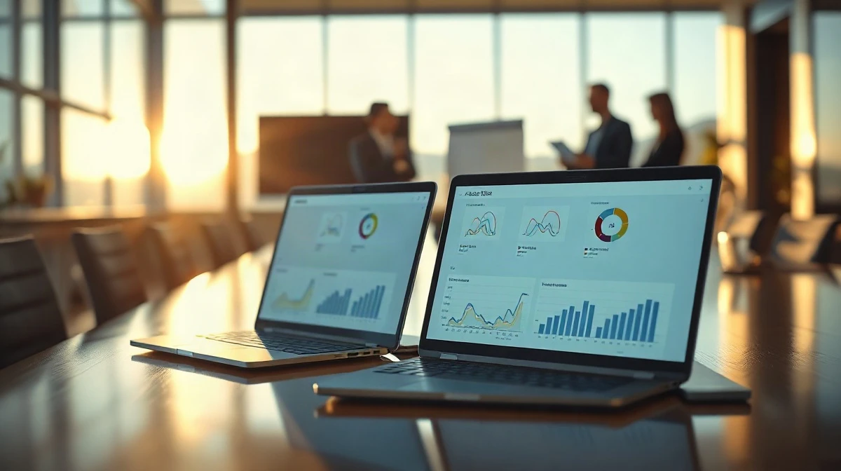 Two laptops displaying AI data analytics charts on a conference room table in a Silicon Valley office