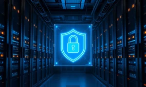 Holographic shield and padlock over server racks representing OpenAI's cybersecurity pause on Astra