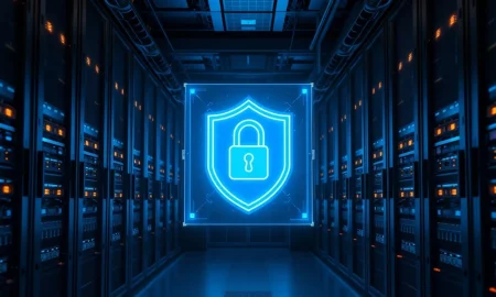 Holographic shield and padlock over server racks representing OpenAI's cybersecurity pause on Astra