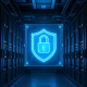 Holographic shield and padlock over server racks representing OpenAI's cybersecurity pause on Astra