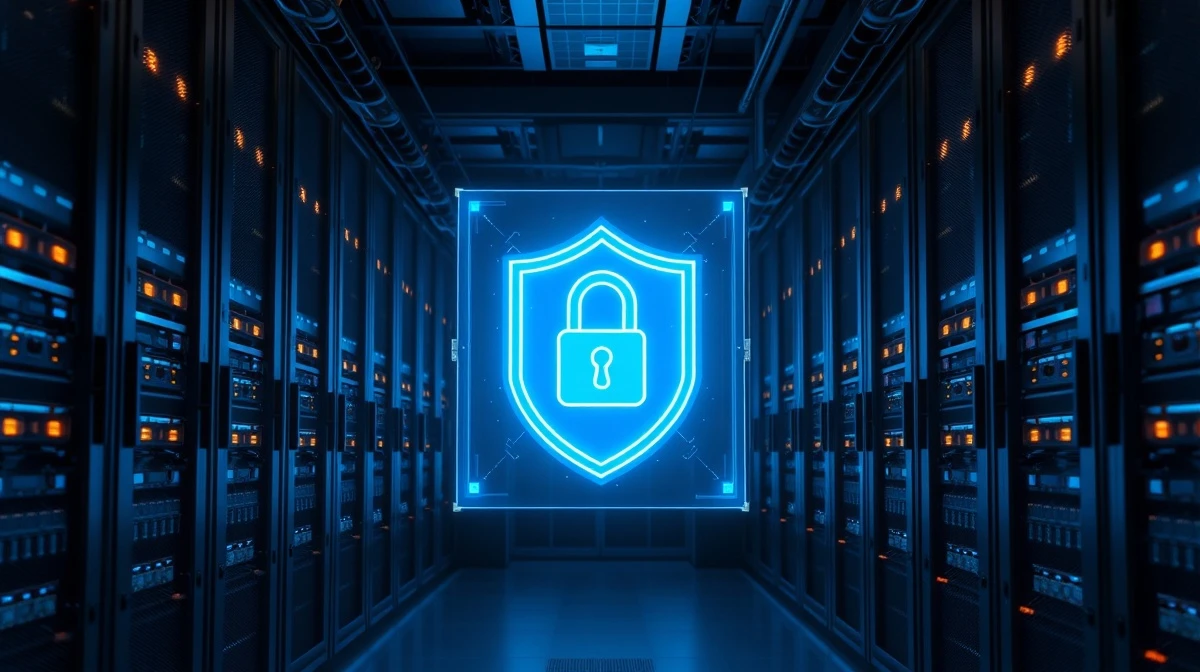 Holographic shield and padlock over server racks representing OpenAI's cybersecurity pause on Astra