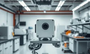 Ouster Rev8 digital lidar sensor mounted on a robotic platform in a modern lab setting