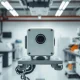 Ouster Rev8 digital lidar sensor mounted on a robotic platform in a modern lab setting