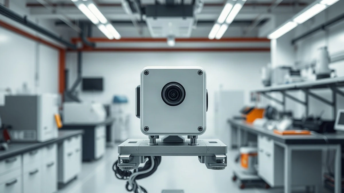 Ouster Rev8 digital lidar sensor mounted on a robotic platform in a modern lab setting