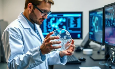 Scientist examining living human skin tissue sample in a modern biotech laboratory