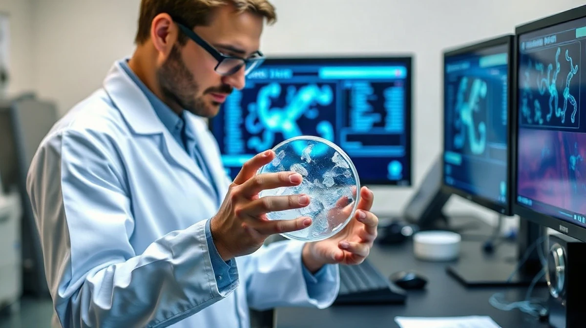 Scientist examining living human skin tissue sample in a modern biotech laboratory