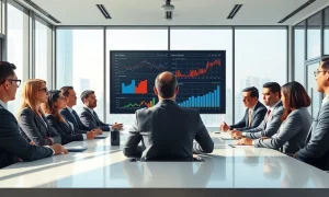 Business executives in a modern boardroom viewing data analytics on a large screen.