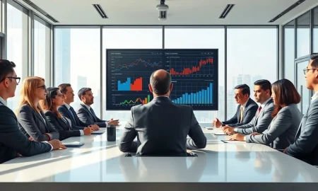 Business executives in a modern boardroom viewing data analytics on a large screen.