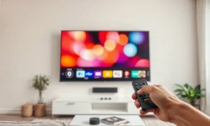 Person using a remote control in front of a TV screen showing a streaming interface