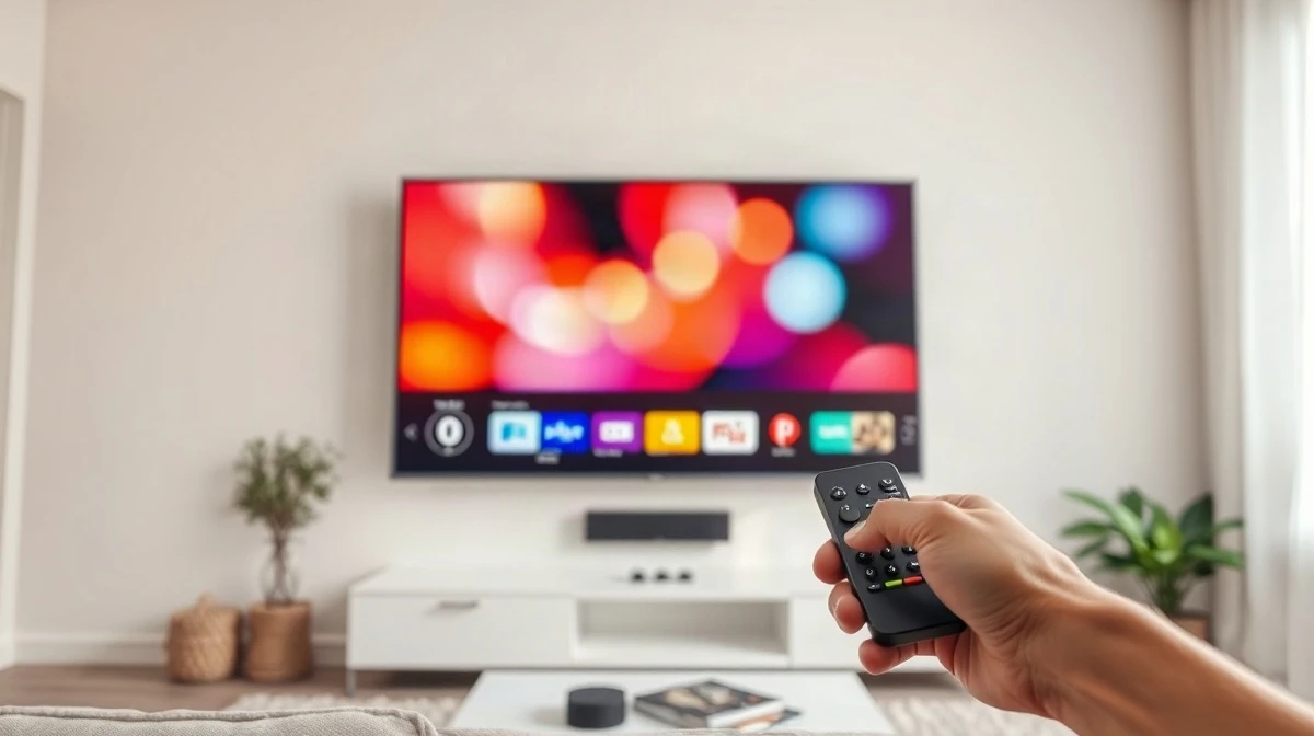 Person using a remote control in front of a TV screen showing a streaming interface