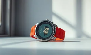 Pebble Time 2 smartwatch with red band and pixelated watch face on a studio surface