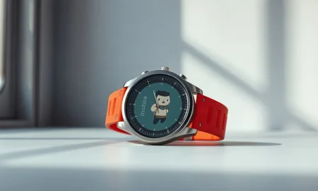 Pebble Time 2 smartwatch with red band and pixelated watch face on a studio surface