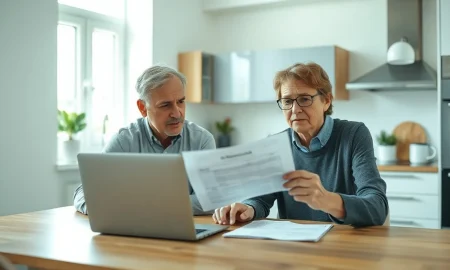 Couple reviewing pension documents at home, concerned about taper tax charges