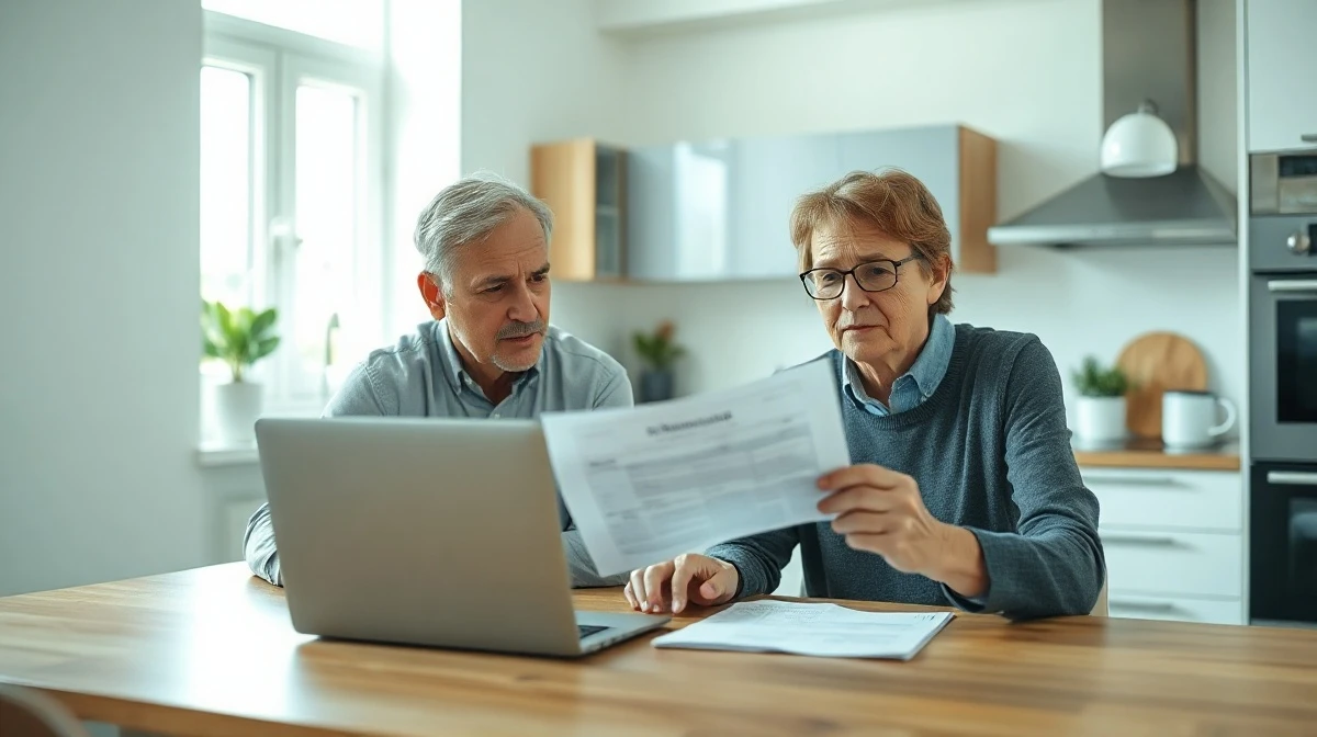 Couple reviewing pension documents at home, concerned about taper tax charges