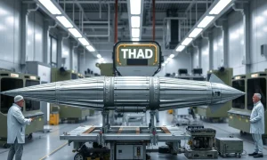 THAAD interceptor missile in assembly at a defense manufacturing facility