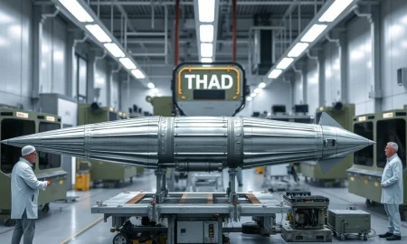 THAAD interceptor missile in assembly at a defense manufacturing facility
