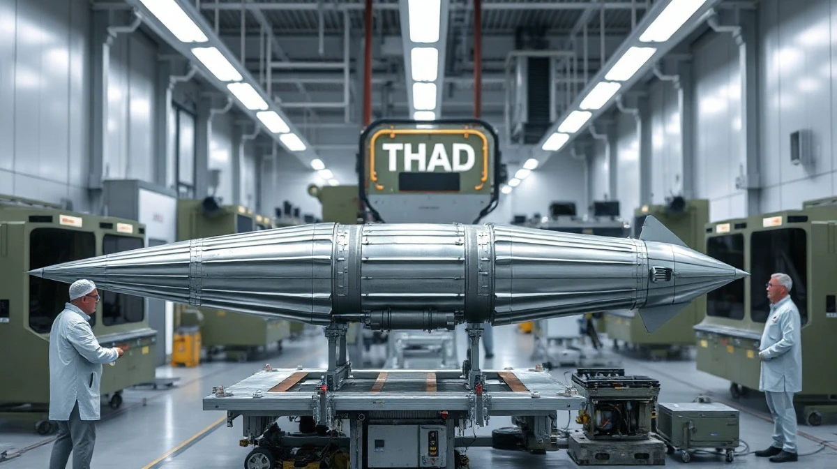 THAAD interceptor missile in assembly at a defense manufacturing facility