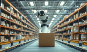 A robotic arm with a camera module picking up a cardboard box in a modern automated warehouse.