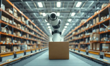 A robotic arm with a camera module picking up a cardboard box in a modern automated warehouse.