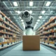 A robotic arm with a camera module picking up a cardboard box in a modern automated warehouse.