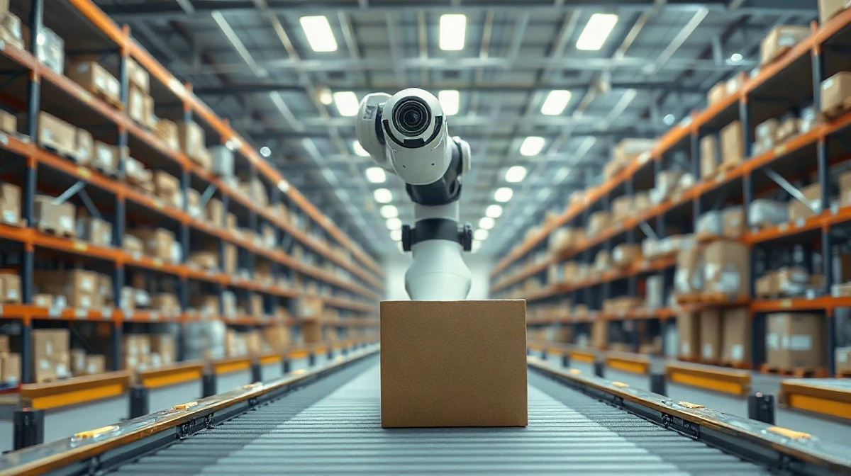A robotic arm with a camera module picking up a cardboard box in a modern automated warehouse.