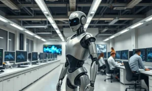 Engineers work alongside a humanoid robot in a modern robotics lab, monitoring data on screens.