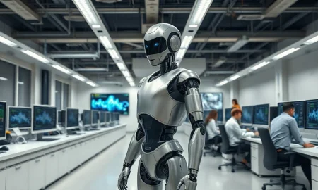 Engineers work alongside a humanoid robot in a modern robotics lab, monitoring data on screens.