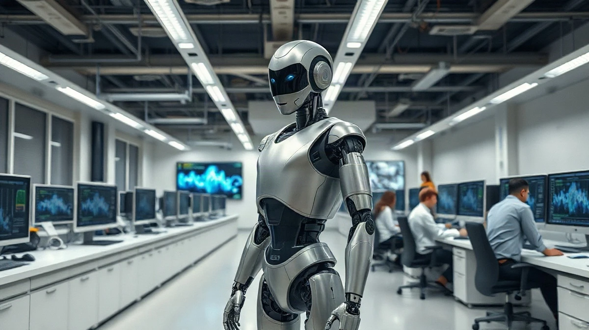 Engineers work alongside a humanoid robot in a modern robotics lab, monitoring data on screens.
