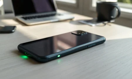 Google Pixel 11 Pro XL face-down with glowing green LED notification light on its back